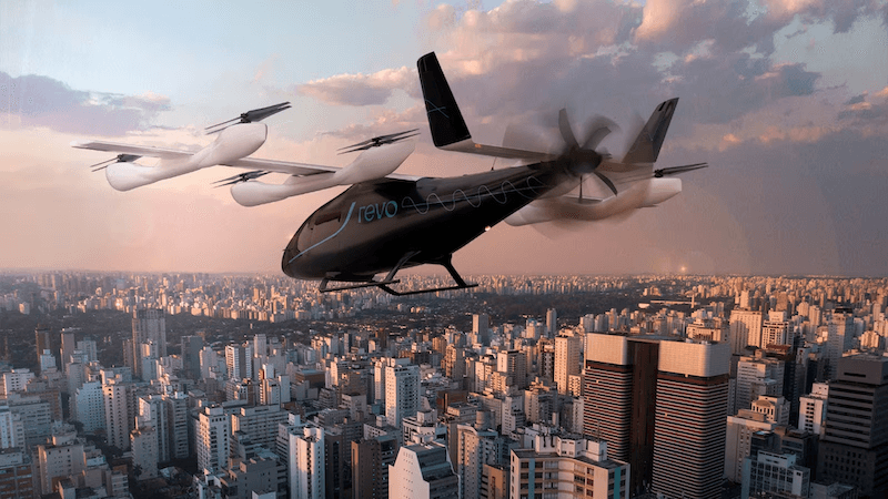 Illustrative image of Eve Air Mobility’s eVTOL aircraft in urban operation, symbolizing the start of a new era in sustainable air mobility through the strategic partnership between Eve, Revo, and OHI.