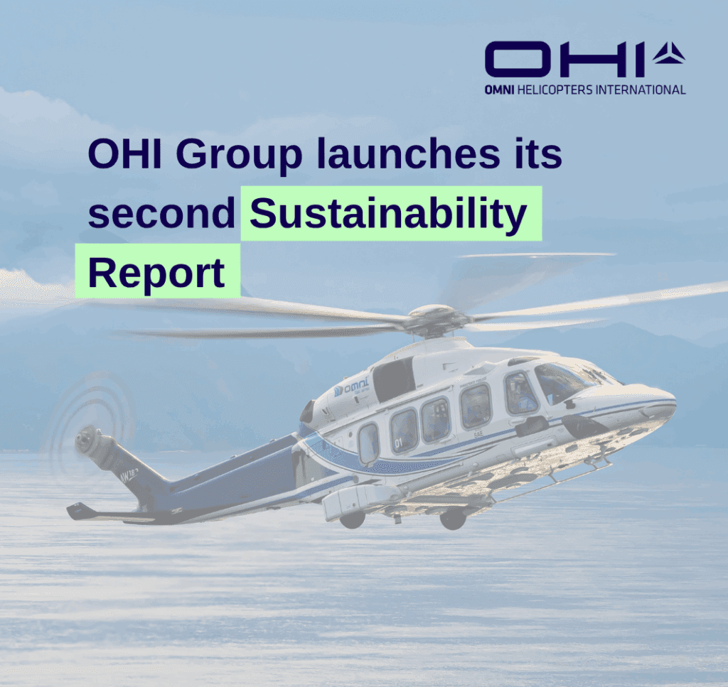 Cover of the 2024 OHI Group Sustainability Report, featuring aviation imagery and visual elements that reflect the company’s commitment to environmental, social, and governance (ESG) initiatives.